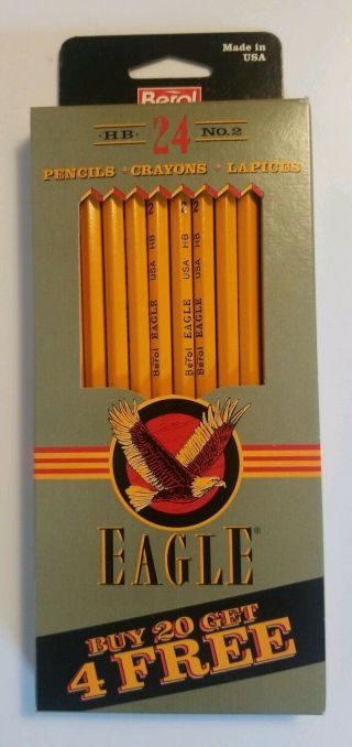 Box Of 24 Nos Old Stock Berol Eagle Hb No.  2 Pencils - Made In The Usa 80s