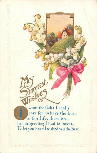 Lovely Lily Of The Valley By Rural Home Scene On Old Postcard