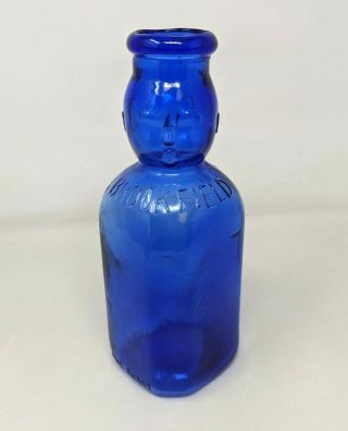 VTG Brookfield Baby Top Double Face Cobalt Blue Glass Dairy Milk Bottle 1 Quart 3