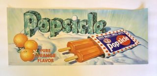 Vintage Ice Cream Store Ad Litho Paper Sign 1953 Orange Popsicle 8 X 20”