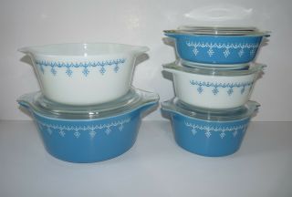 5 Vintage Pyrex Blue Snowflake Round Casserole Bowls With 4 Glass Lids