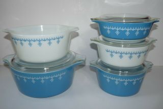 5 VINTAGE PYREX BLUE SNOWFLAKE ROUND CASSEROLE BOWLS WITH 4 GLASS LIDS 3