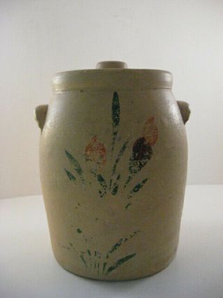 Vtg Stoneware Pottery Tall Crock Cookie Jar W Lid Hand Painted Floral Usa Retro