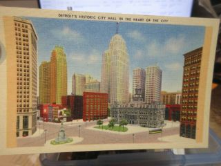 Vintage Old Postcard Michigan Detroit City Hall Building Tivoli Billboard Statue