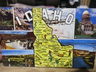 Vintage Old Idaho Postcard Cartoon State Map Stanley Lake Hells Canyon Boise 7x