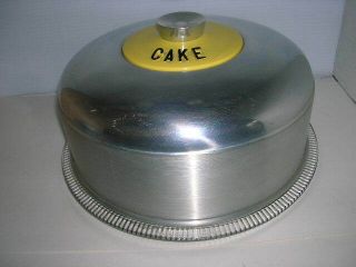 Vintage Kromex Aluminum Cake Cover Carrier With Glass Plate Yellow Top