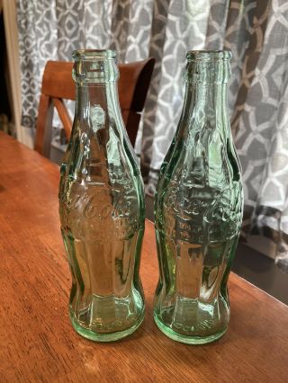 (2) 1989 Coca Cola Christmas Hobbleskirt 6 Oz Glass Bottles Rockford Illinois