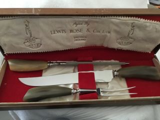 Lewis Rose & Co Carving Set Stainless With Buffalo Horn Handles Sheffield Eng
