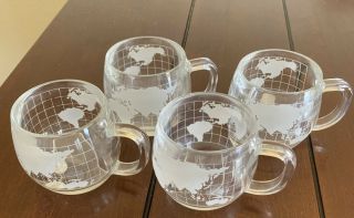 4 Vintage Nestle Nescafe Etched Clear Glass World Globe Map Coffee Mugs