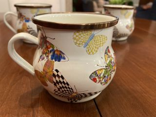 Signed Mackenzie Childs White Butterfly Garden Enamel Coffee Mug