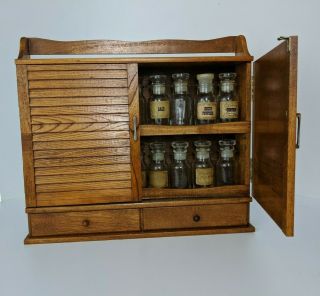 Vintage Wooden Spice Rack Cabinet 18 Clear Glass Bottles Louver Doors 2 Drawers