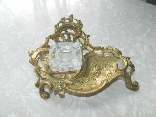 Vintage Ornate Footed Scroll Brass Glass Inkwell Butterfly Rococo Revival