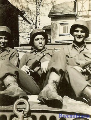 Relaxed Pose By Trio Us Army Soldiers On Willys Jeep; Germany 1945