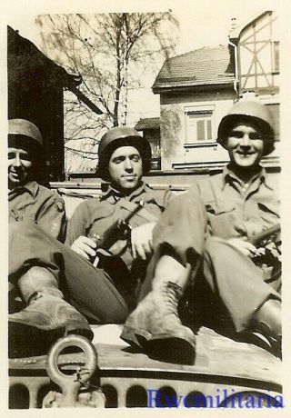 RELAXED Pose by Trio US Army Soldiers on Willys Jeep; Germany 1945 2
