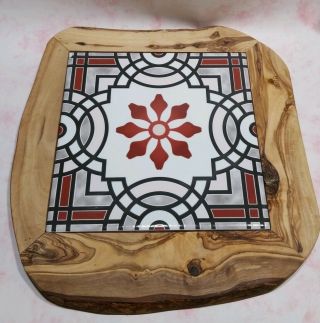 Olive Wood & Tile Trivet / Wall Hanging By Olivia Hand Made Tunisia Estate Find