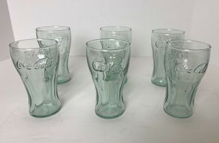 Set Of 6 Vintage Green Glass Coca Cola Coke Glasses 4 - 1/2 " Mini Glasses