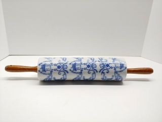 Vintage Stoneware Rolling Pin With Wooden Handles Blue Heart Bell Floral Pattern