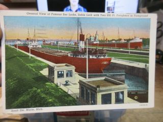 Vintage Old Postcard Michigan Sault Ste Marie Soo Locks Sabin Freighter Ships