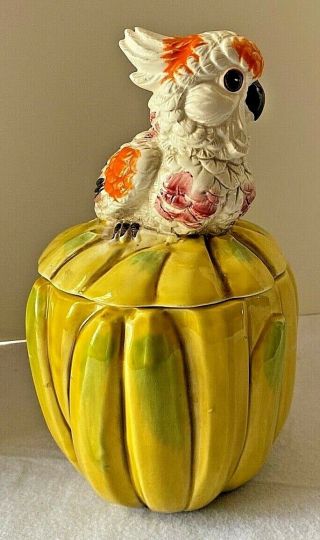 Enesco Ceramic Jar Bananas & Parrot Collectible Cookie Decoration Vintage E - 0069