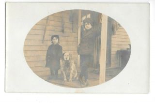 Rppc Two Boys Pose On Porch With Old Dog,  1910,  Cyko