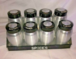 Kromex Spun Aluminum Spice Jars With Rack Mid Century Modern Set Of 8 Vintage