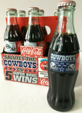 Coca - Cola Dallas Cowboys 5 Bowl Wins Champs 6 Bottles,  Carrier