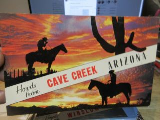 Vintage Old Arizona Postcard Cave Creek Horseback Rider Cowboy Silhouette Cacti