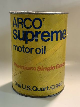 Vtg.  1 Quart Arco Supreme Motor Oil Can Full Sae 30 Premium Single Grade.