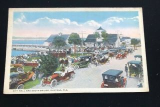 Daytona,  Florida 1920s Postcard,  City Hall And South Bridge.  Unmailed,  Old Cars