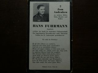 Wwii German Death Card : Died In Soviet Captivity.  D137