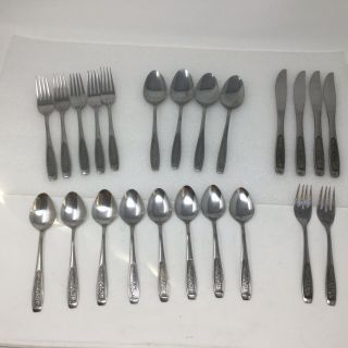 23 Piece Imperial Stainless Flatware Floral Rose Flower Knife Fork Spoon Korea