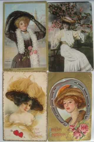 4 Pretty Girl,  Large Hats Old 1910s Postcards; Miss Knickerbocker,
