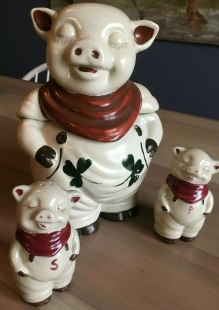 Vintage Smiley Pig Cookie Jar Red Scarf,  S & P