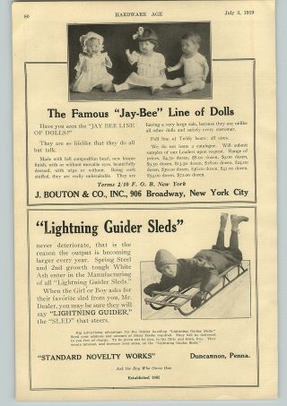 1919 PAPER AD Janesville Coaster Wagon Jay - Bee Dolls Lightning Guider Snow Sled 2