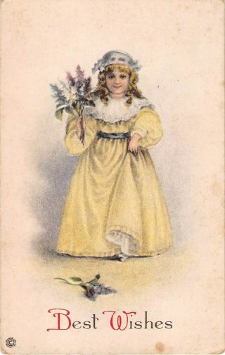 Pretty Little Girl In Yellow Dress With Bouquet Of Lilacs - Old Best Wishes Pc - 701