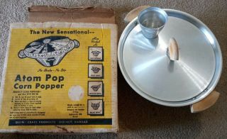 Vintage Atom Pop Pocorn Popper Aluminum Bun Warmer Dish Bowl W/ Box