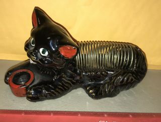 Vintage Black Cat Letter Holder Mail Ceramic Figurine Japan Cold Painted