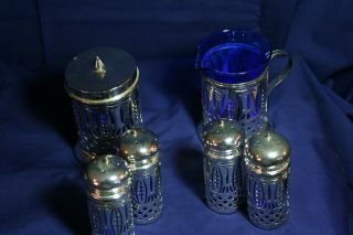 Cobalt Blue Glass With Silver Overlay Sugar,  Creamer And 2 Salt And Pepp