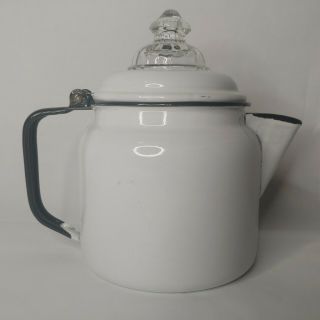 Vintage Enamel Metal Tea Kettle White With Glass Top Black Handle Coffee Pot 8 "