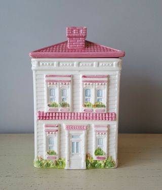 Weiss Ceramic Pink & White Victorian House Cookie Jar W/ Trees