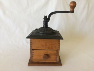 Vintage Hand Crank Coffee Grinder Wood Cast Iron Black & Brown Collectible