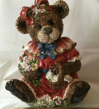 Teddy Bear In A Red Dress With A Basket And Flowers Cookie Jar