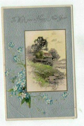 Antique Years Post Card Forget - Me - Nots Silver Foil Old Mill Water Wheel