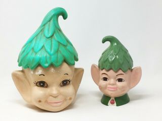 Cute Elf Cookie Jars Set Of Two Large And Small,  Vintage Christmas Decorations