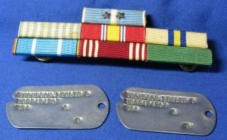 Korean War Era 1954 Army Dog Tags Set T54 & Ribbon Bar With 7 Ribbons Attached