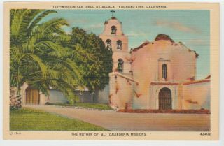 Ca Mission San Diego De Alcala Postcard Old Vintage Linen Exterior View 1946