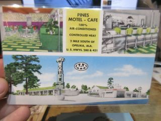 Vintage Old Postcard Alabama Opelika Pines Motel Cafe Restaurant Short Order Bar