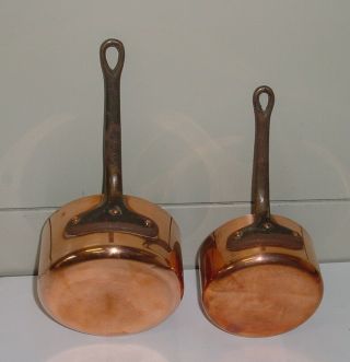 Set Of 2 Vintage French Copper/wrought Iron Cooking Pans Stamped 12 & 14