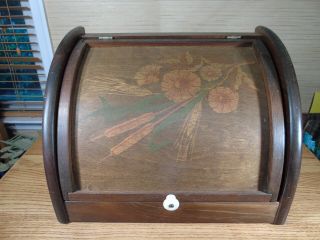 Vintage Hand Painted Floral Cattails Mid Century Wooden Bread Box