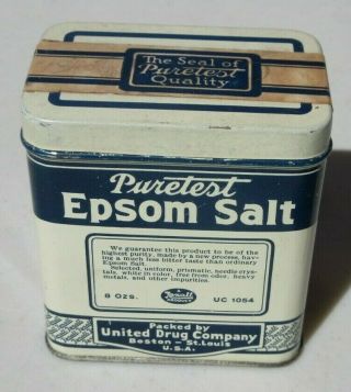 Vintage Puretest Epsom Salt United Drug Company Boston St Louis Tin Container